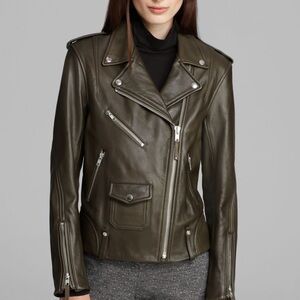 Theory Dark Green Leather Moto Biker Jacket - Large